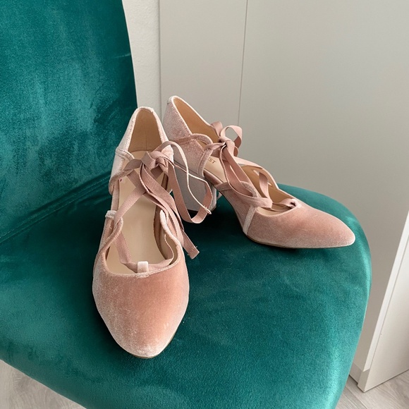 Pink Velvet Ballet Lace Up Block Heels - Picture 2 of 12